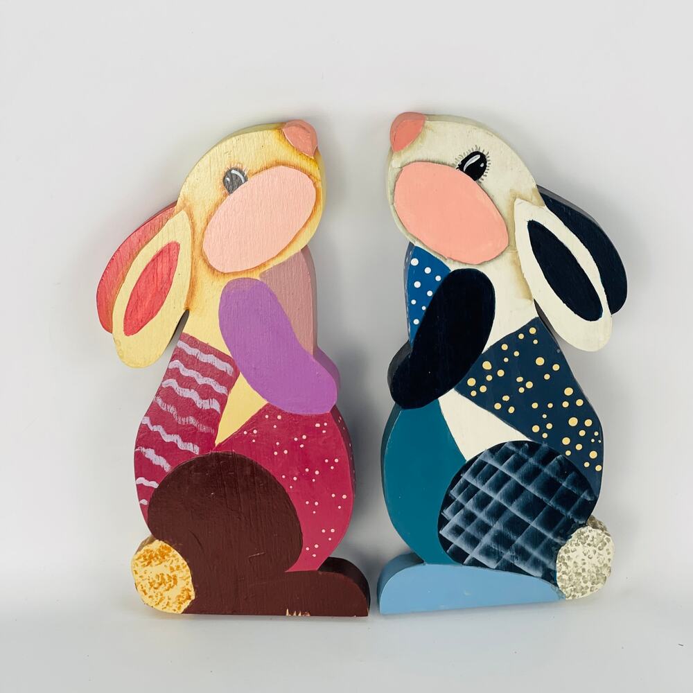Wood Bunny Rabbits Easter Hand Painted 10” Signed on Bottom